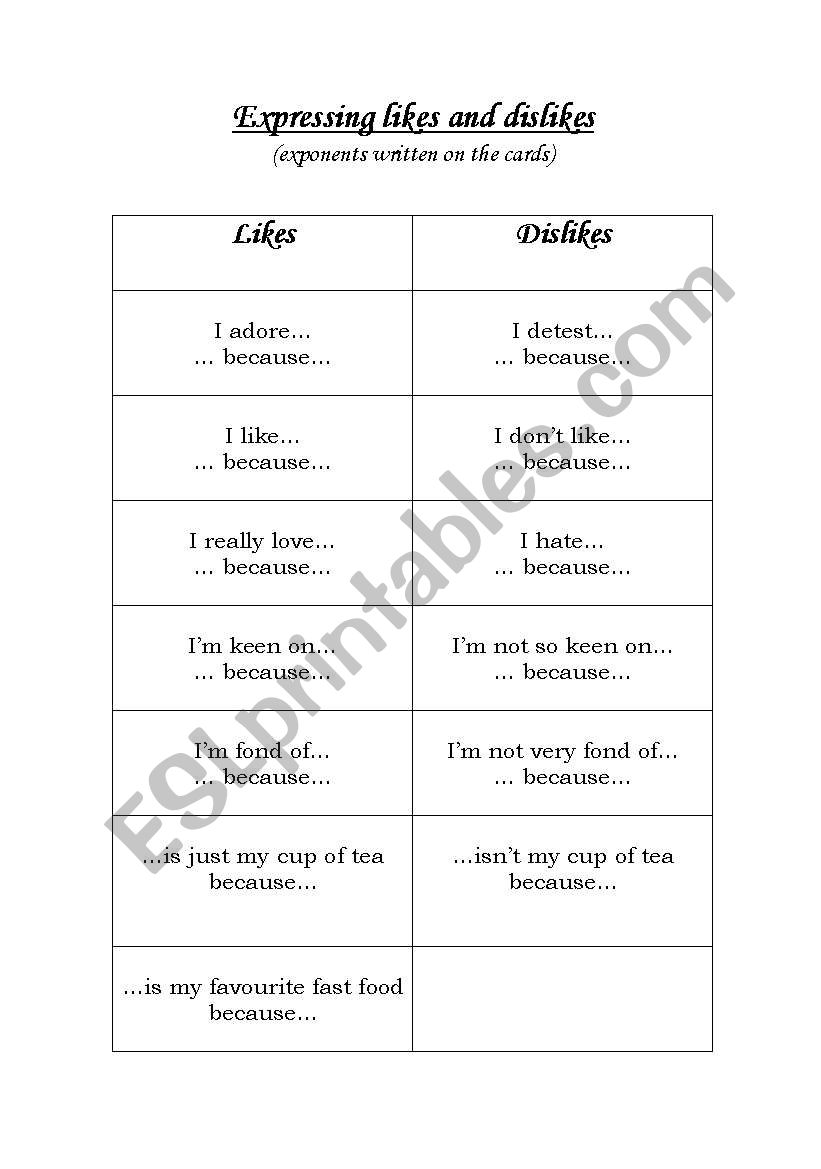 Likes and Dislikes worksheet