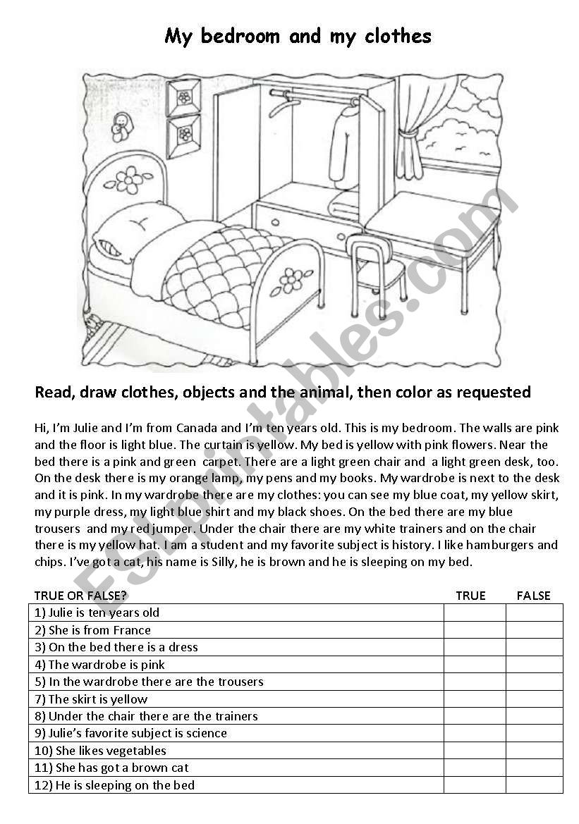 my bedrrom and my clothes worksheet