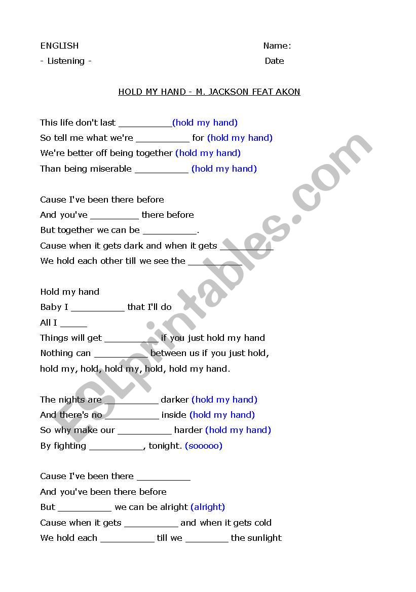hold my hand worksheet