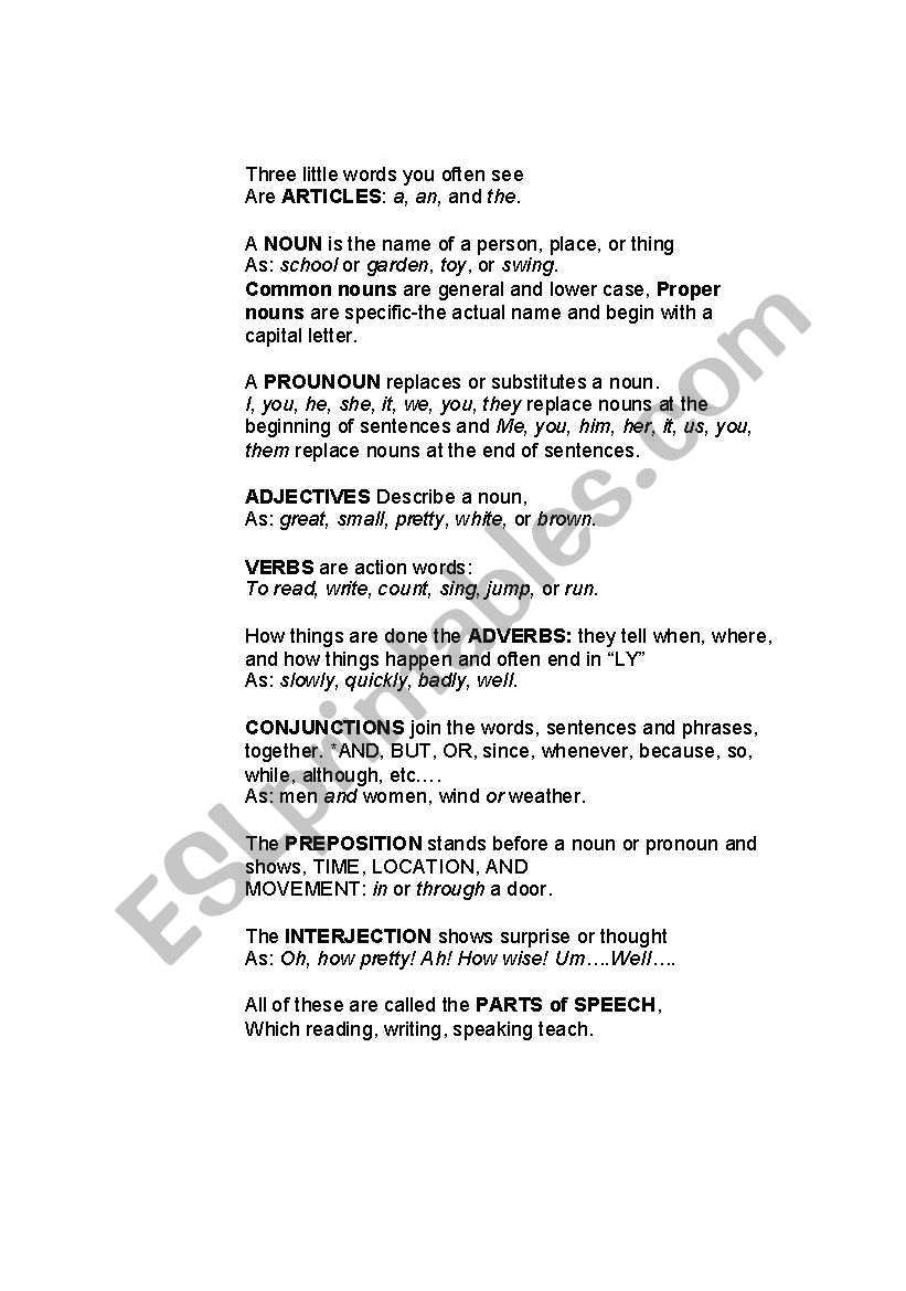 Parts of Speech Notes worksheet