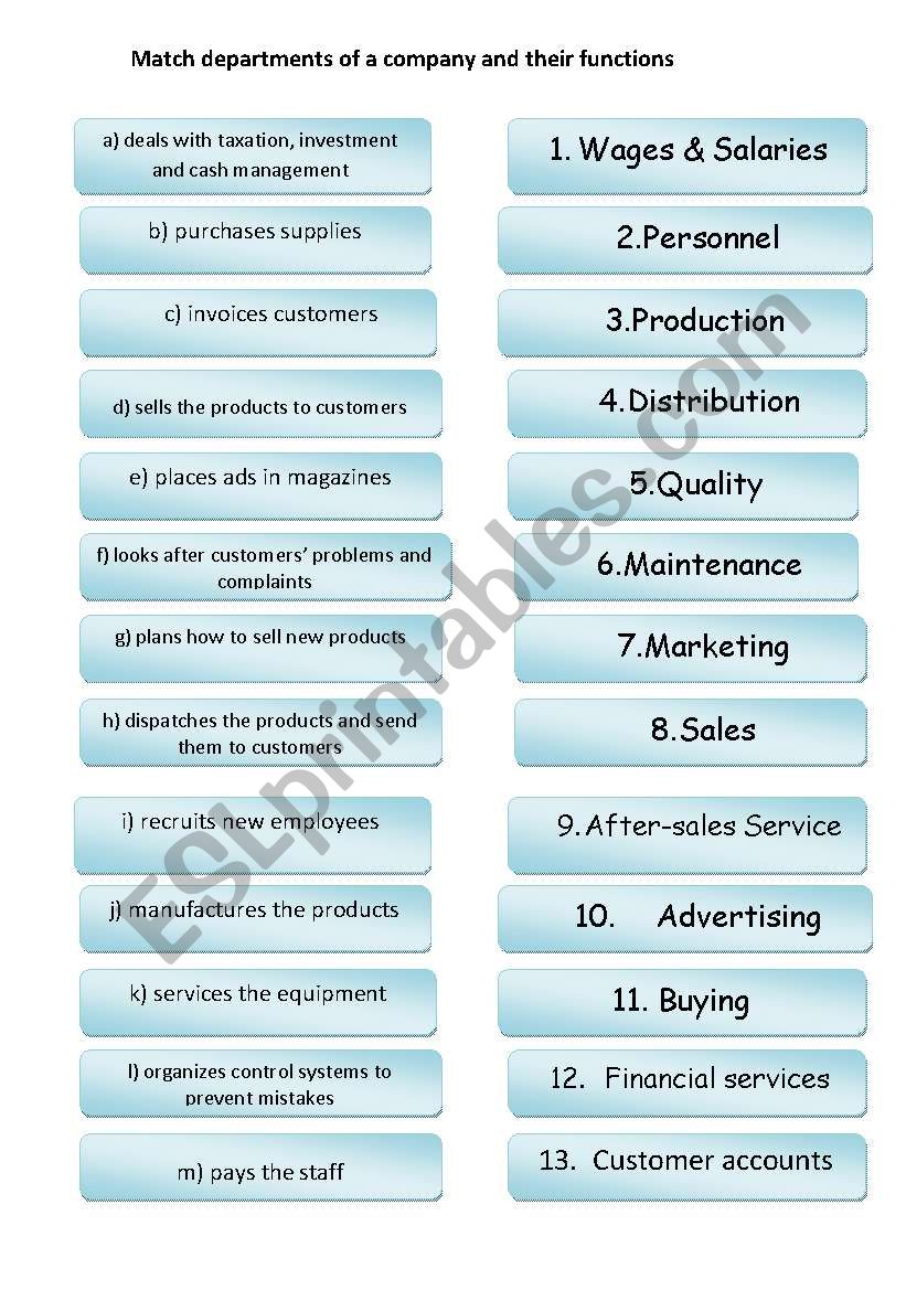 company departments worksheet