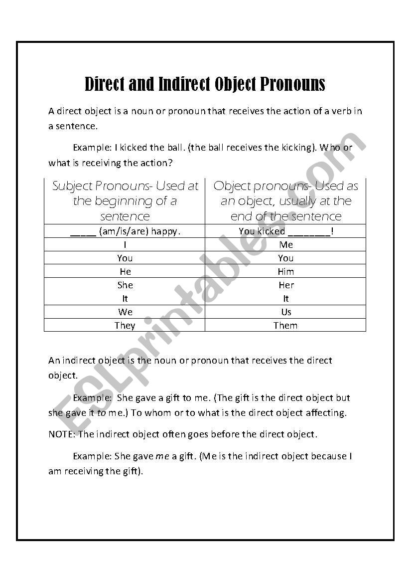 Pronouns As Direct And Indirect Object Worksheet