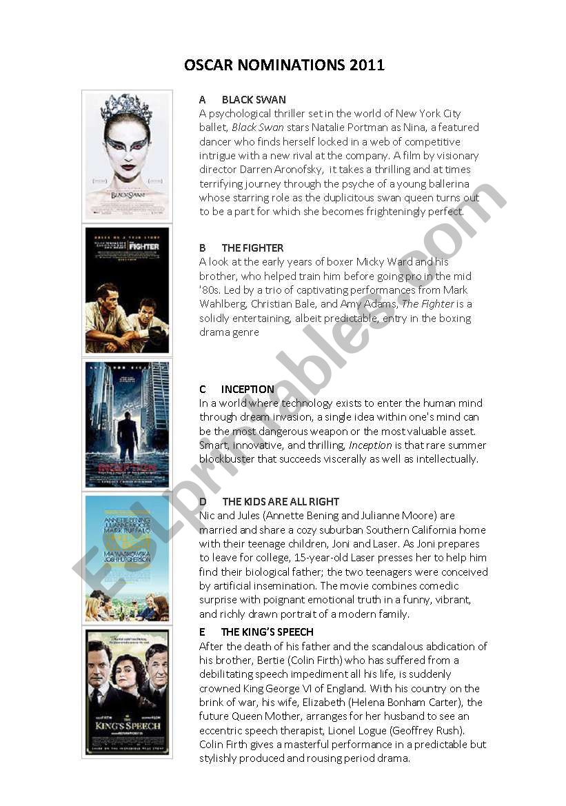 OSCARS NOMINATIONS 2011 worksheet