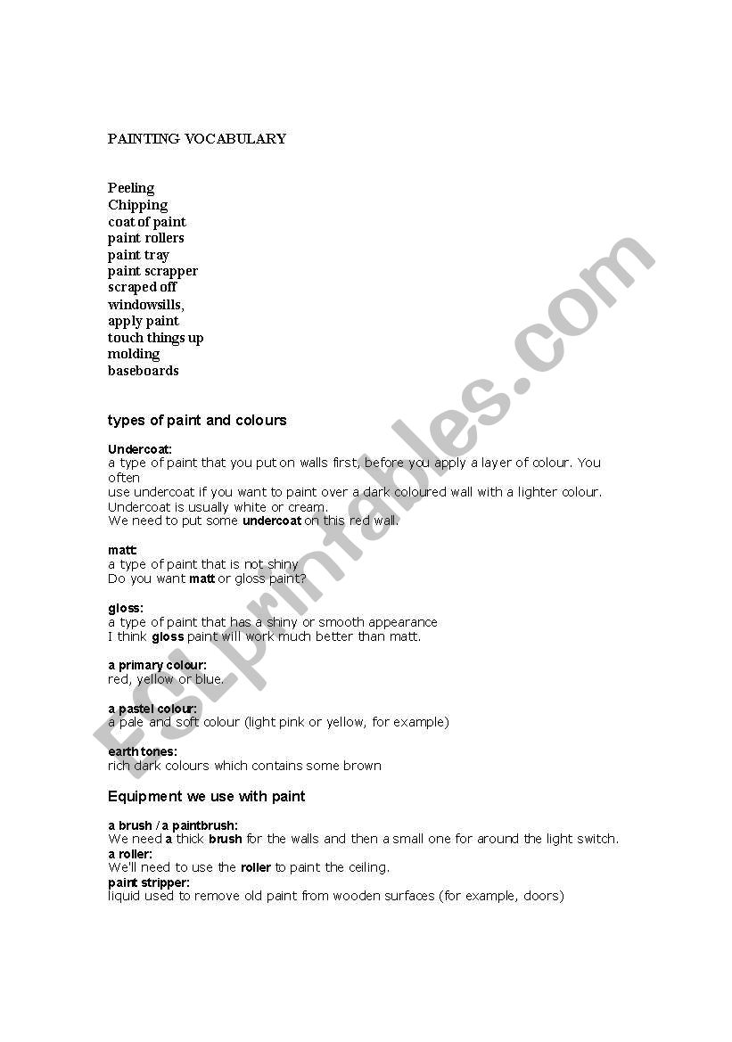 Painting Vocabulary worksheet