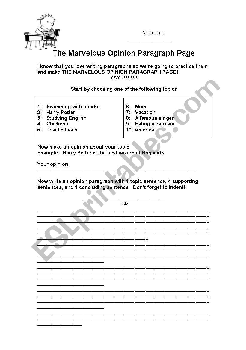 Opinion paragraph worksheet