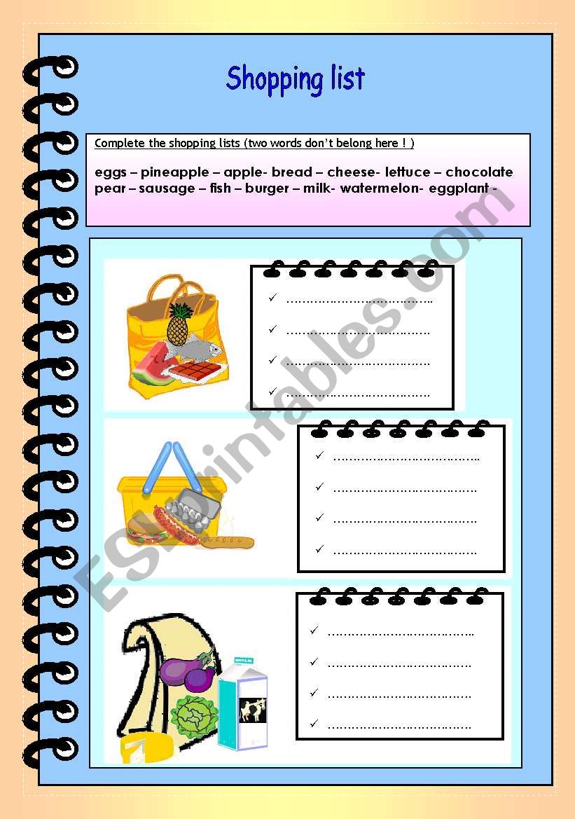 Shopping list worksheet