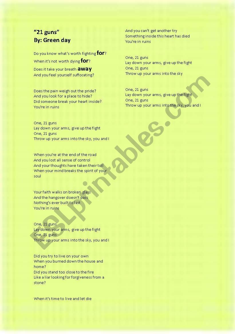 Song: 21 guns worksheet