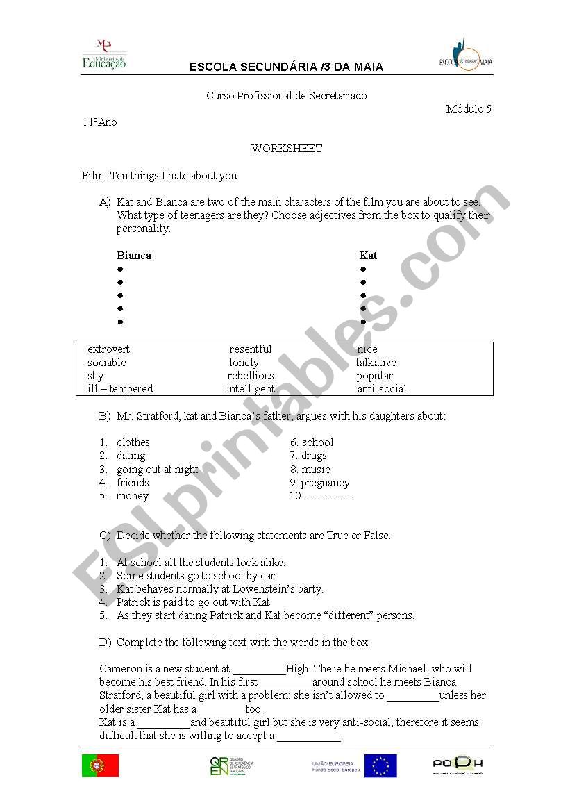 ten things I hate about you worksheet