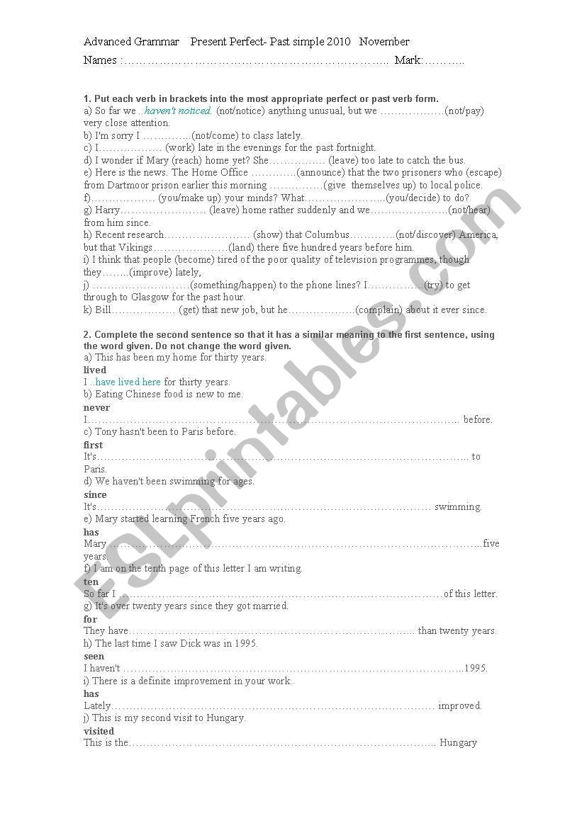 Advanced exercises - grammar . past perfect  vs present perfect