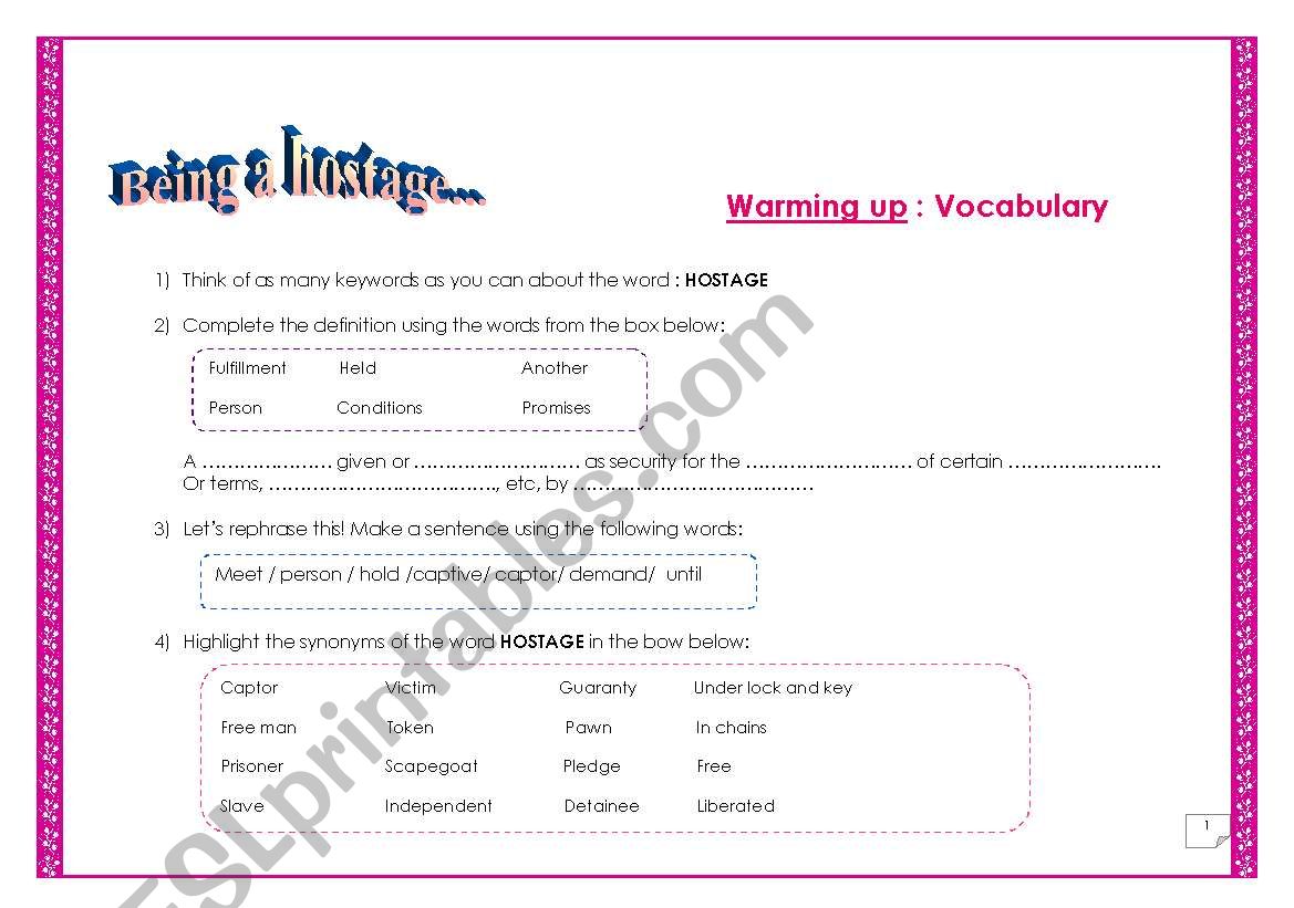 Hostages true stories: vocabulary, speaking, reading, writing activities and facts about the Stockholm Syndrome