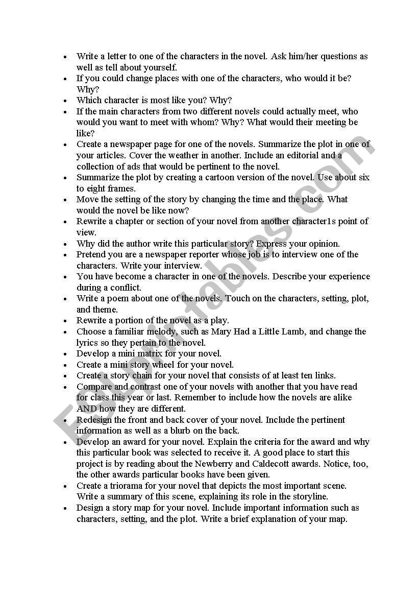 Reading Response tasks worksheet