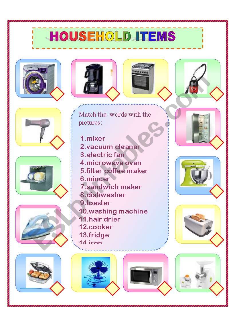 Household Items worksheet