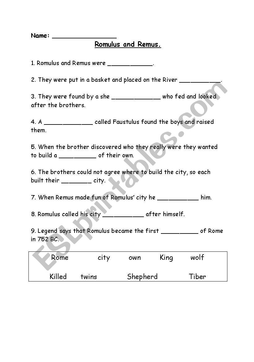 Romulus and Remus Worksheet worksheet