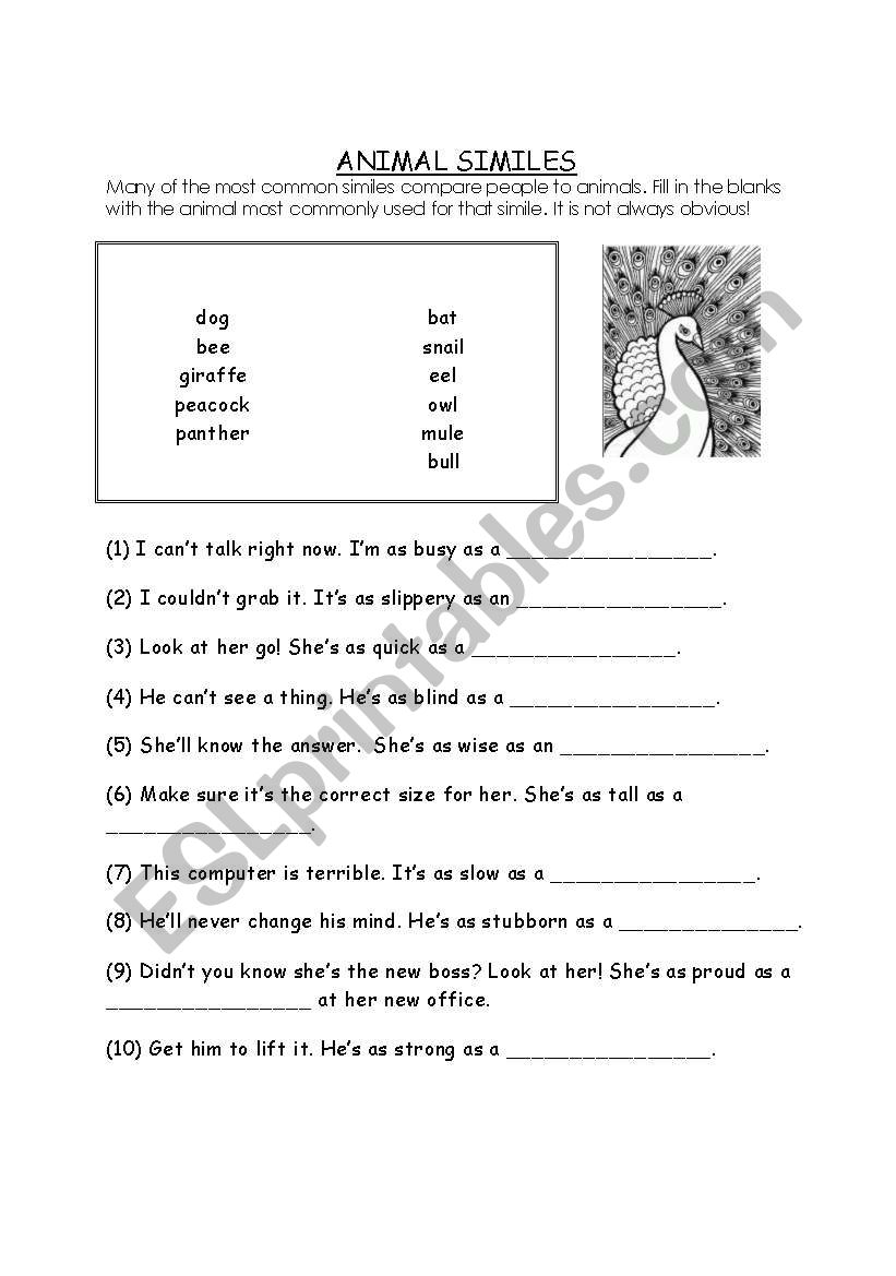 Animal Similes_Matching Words worksheet