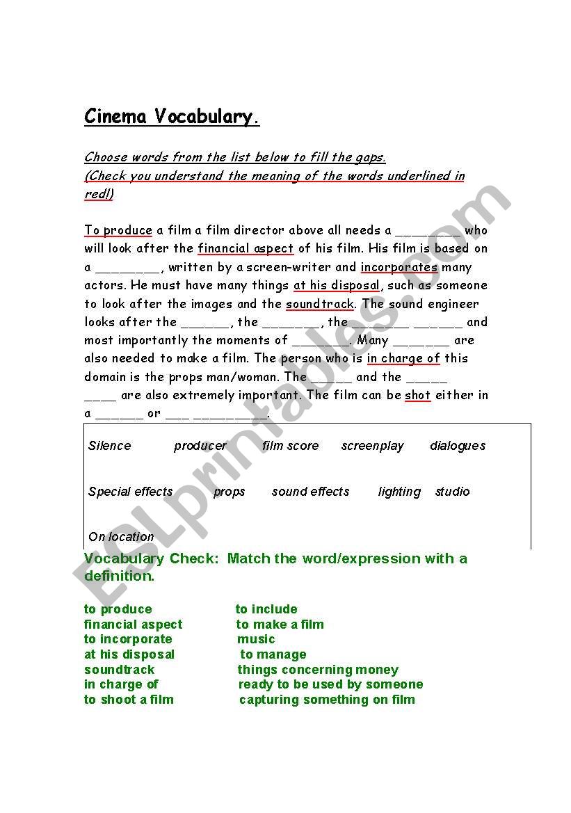 cinema vocabulary worksheet