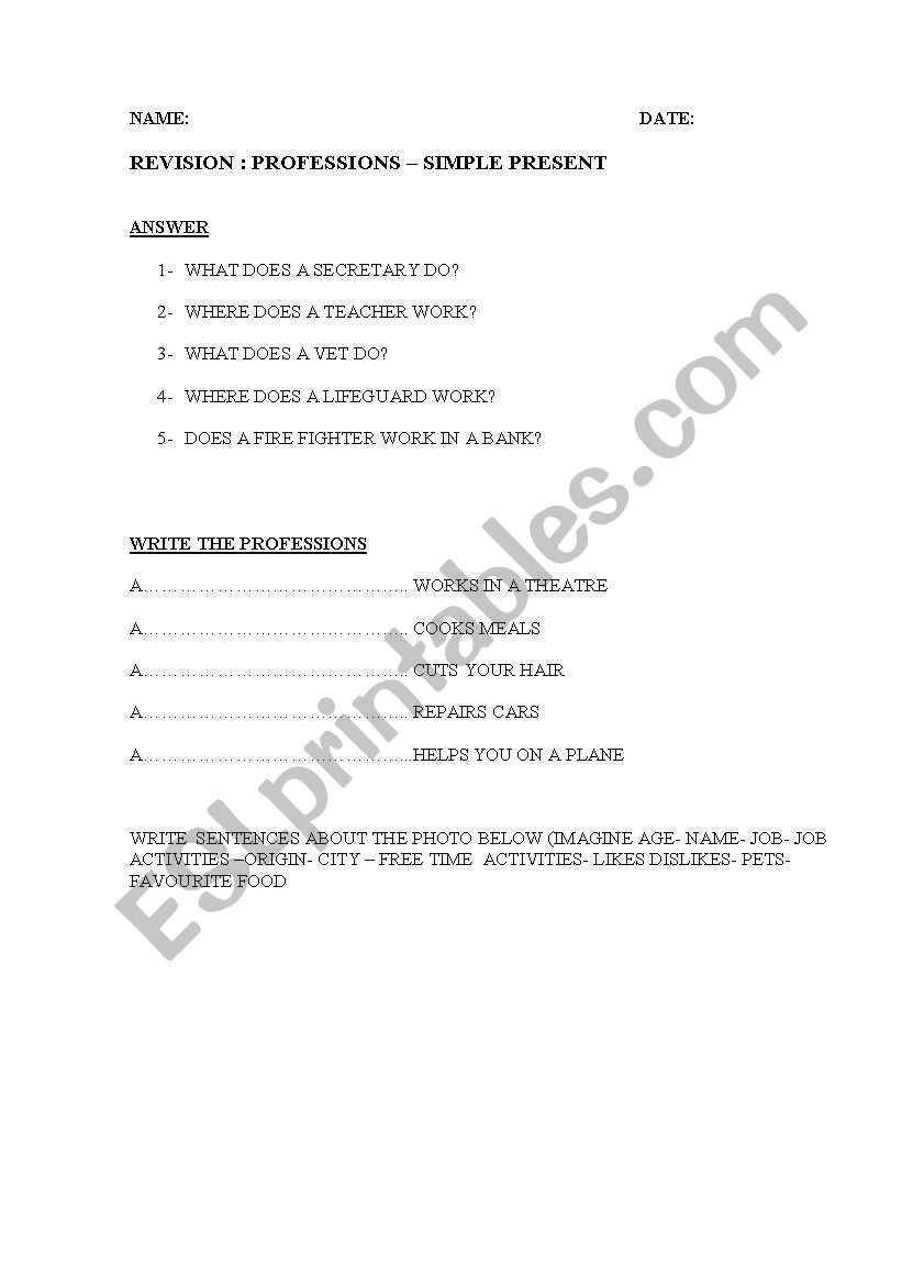 revision of professions worksheet