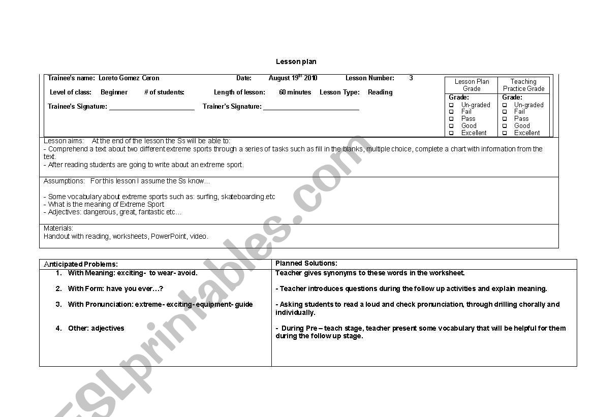 lesson plan about extreme sport
