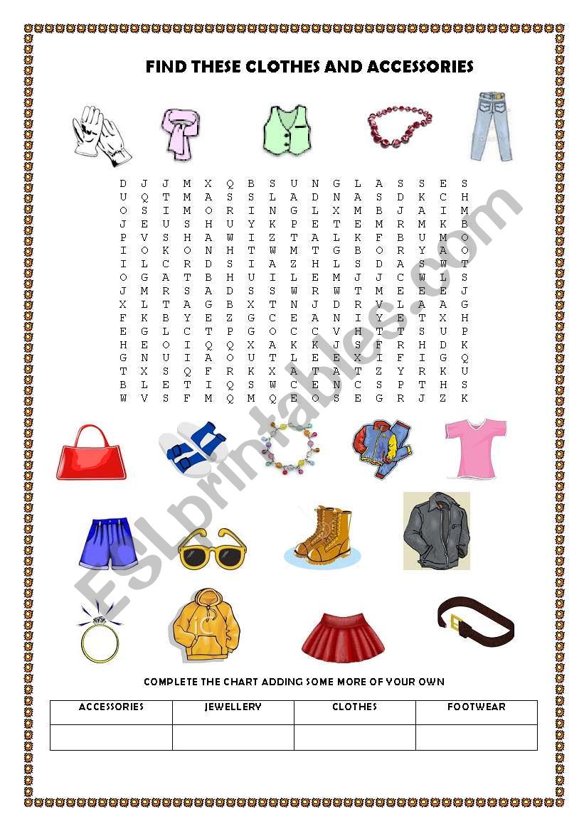 Clothes and accessories wordsearch