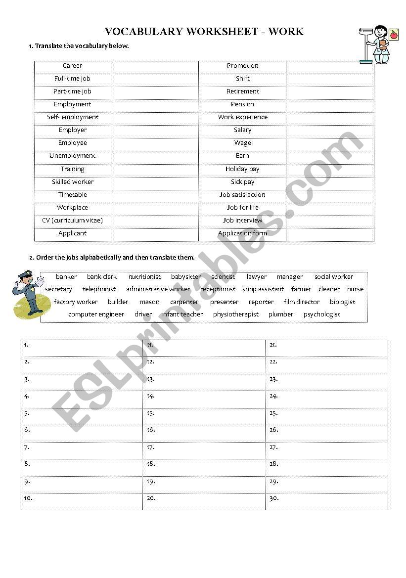 Vocabulary on work worksheet