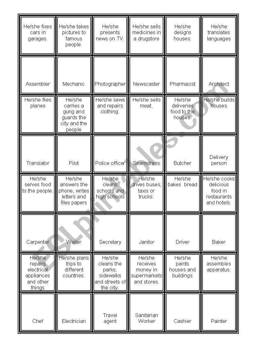 Occupations - jobs and the descriptions. Domino. simple present tense. 