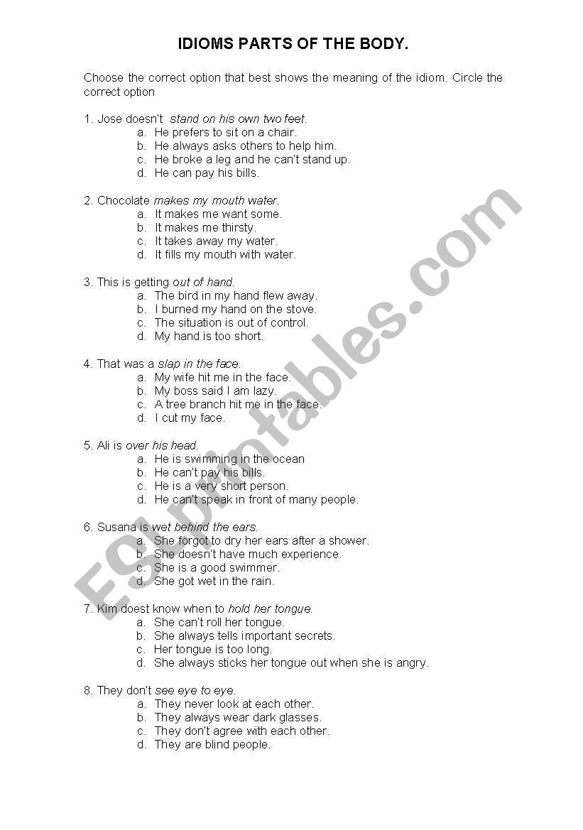 Idioms parts of the body.  worksheet