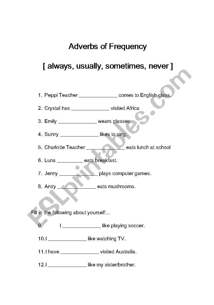 Customizable Adverbs of Frequency Worksheet