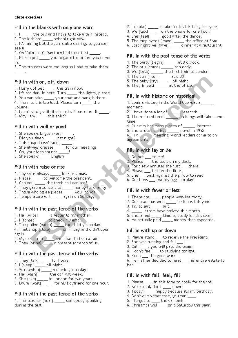 Cloze exercise worksheet