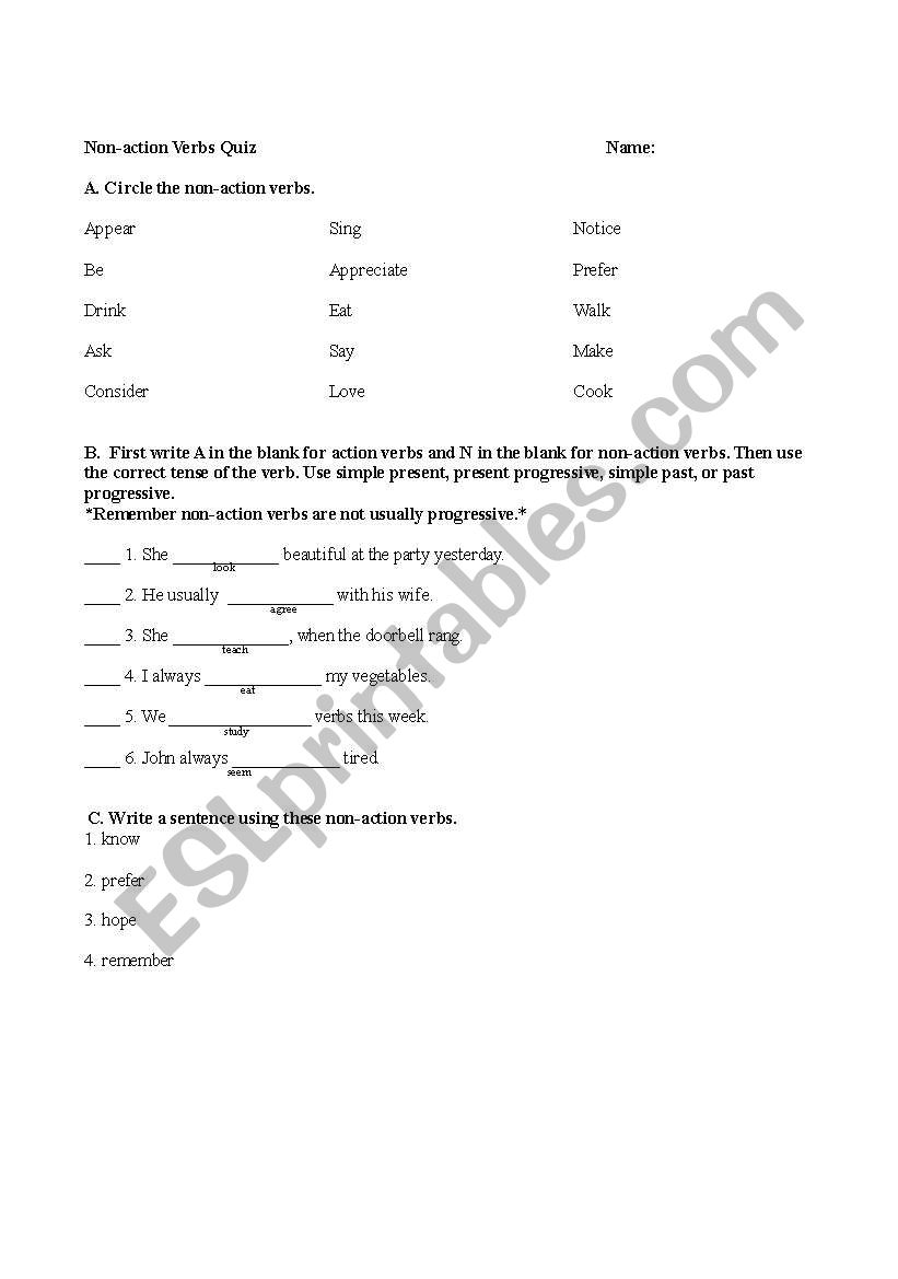 Non-action (Stative) Verb Quiz