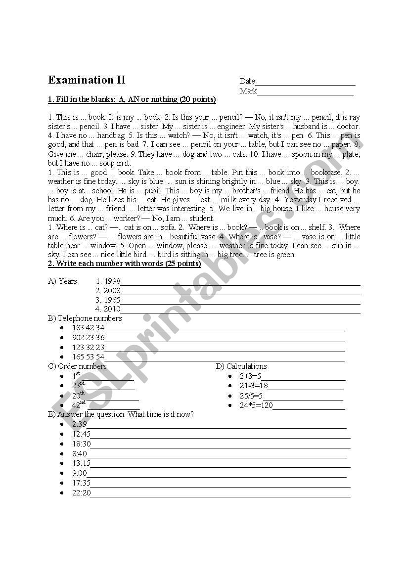 Atricles and Numerals worksheet