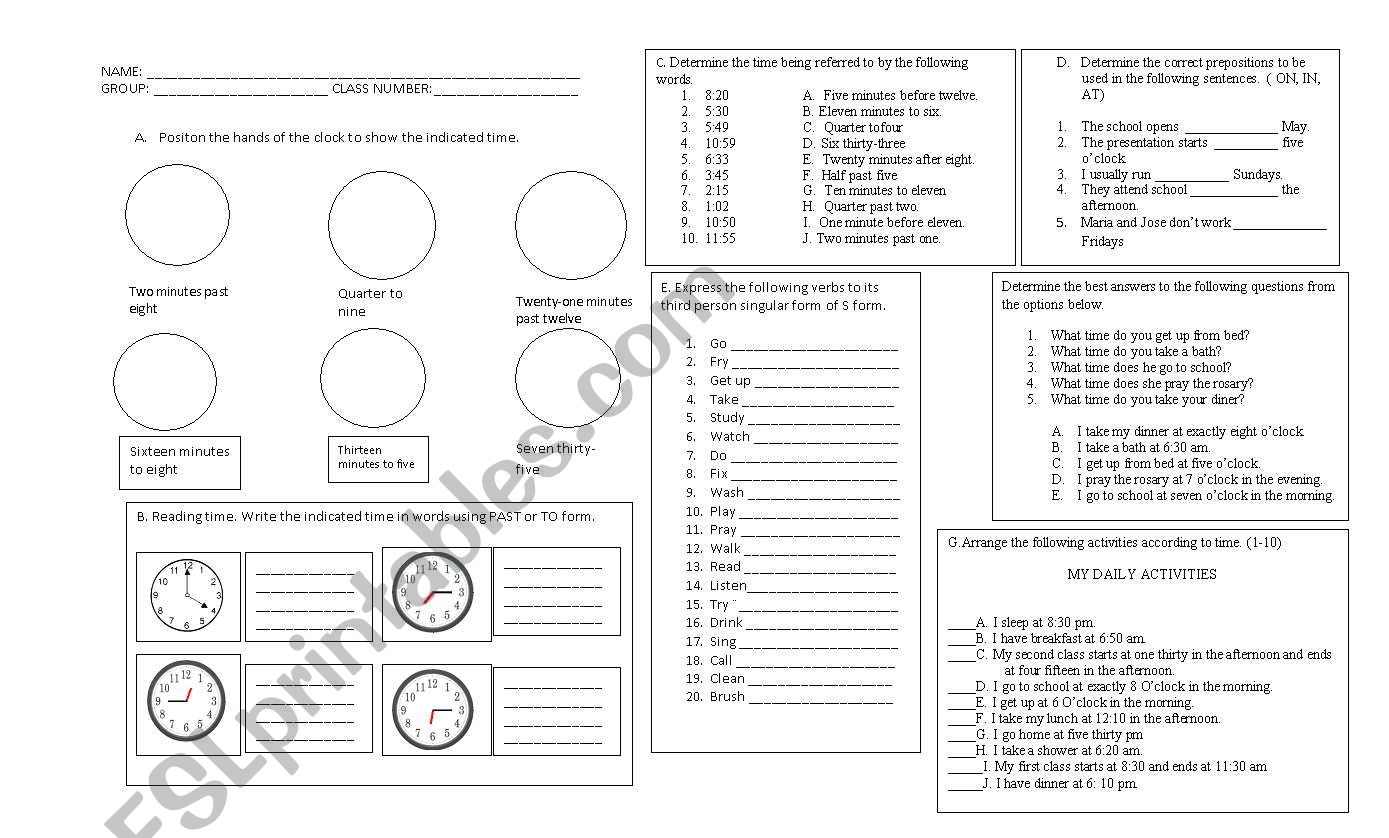 telling time and a mix of exercises