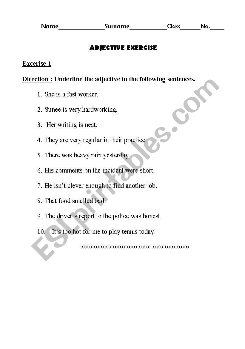 Adjective Exercise worksheet