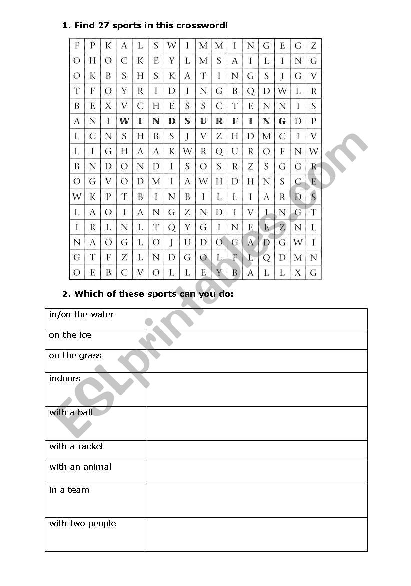 sports  worksheet