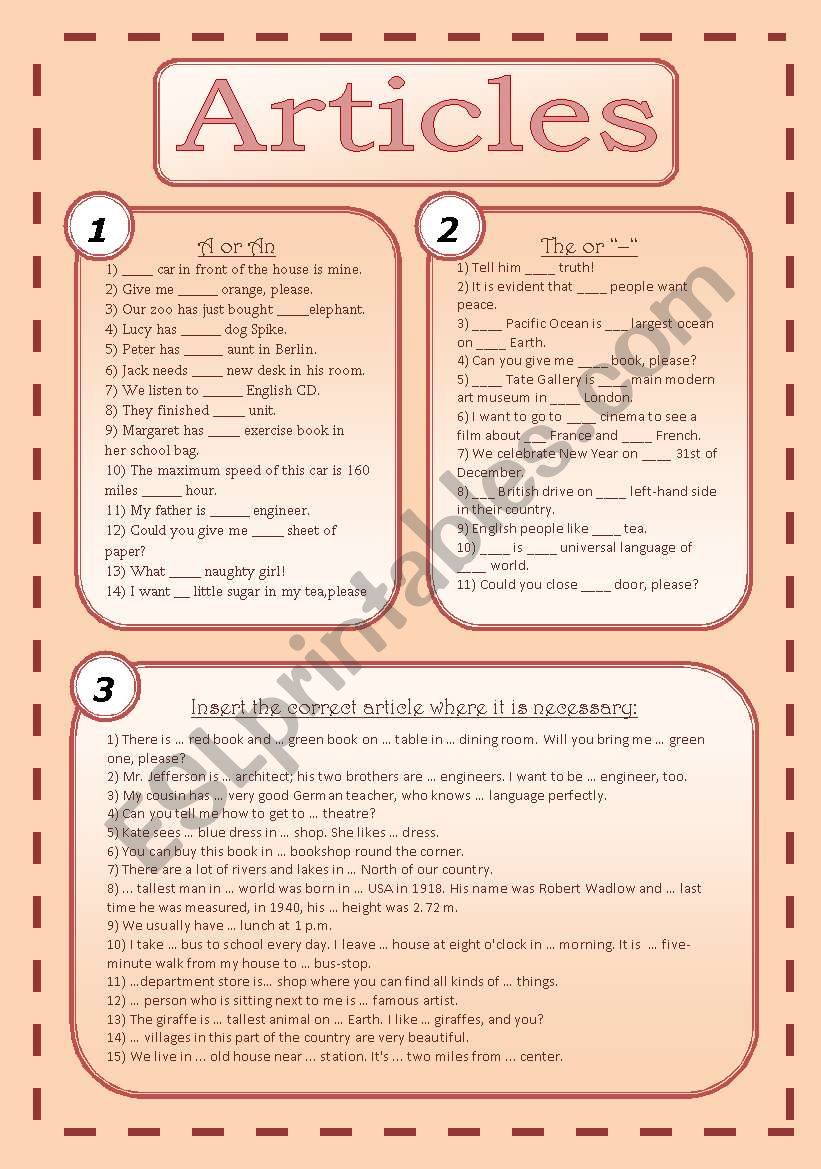 Articles (exercises) worksheet