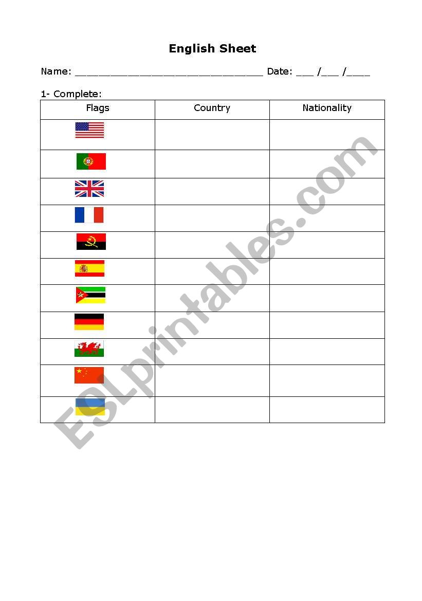 Nationalities worksheet