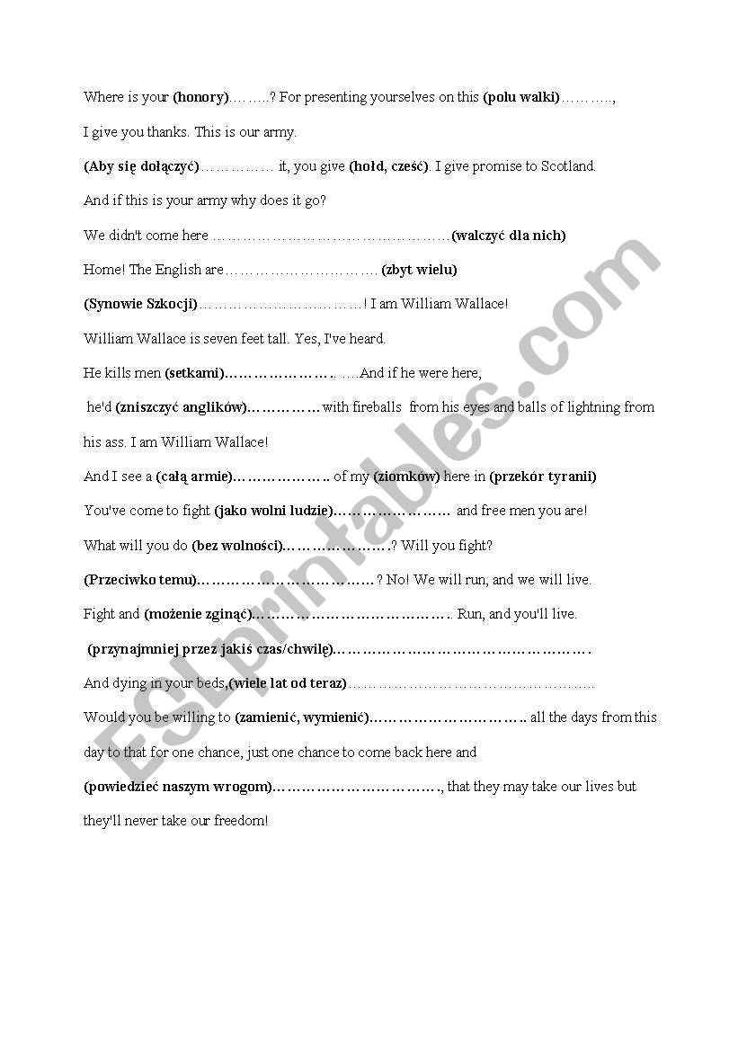 braveheart movie- gap filling worksheet