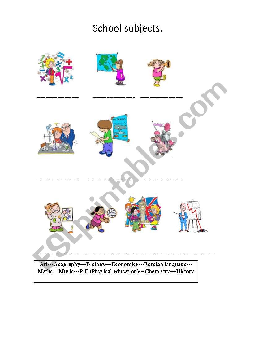 School subjects worksheet