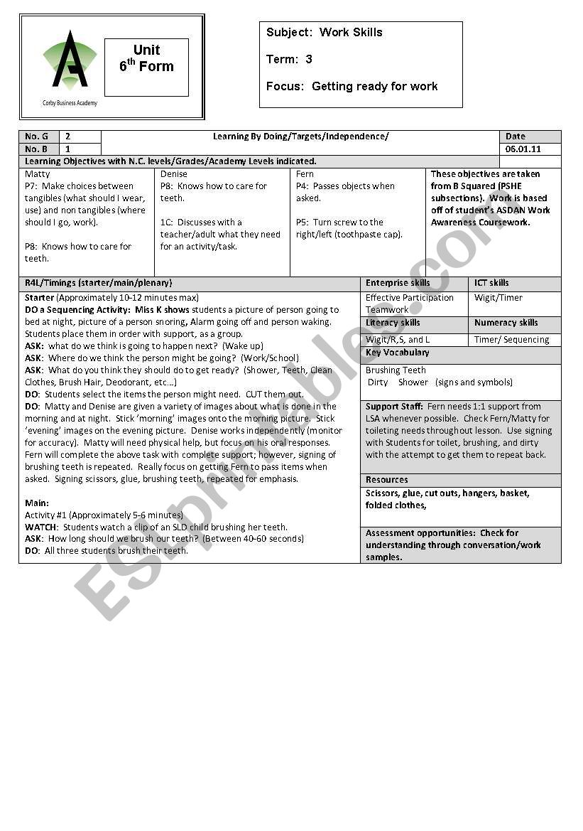 Work Skills worksheet