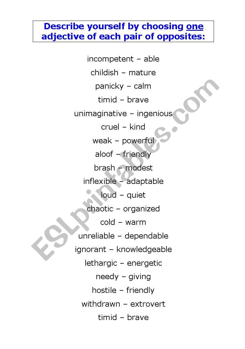 Personality Matching Opposites Activity