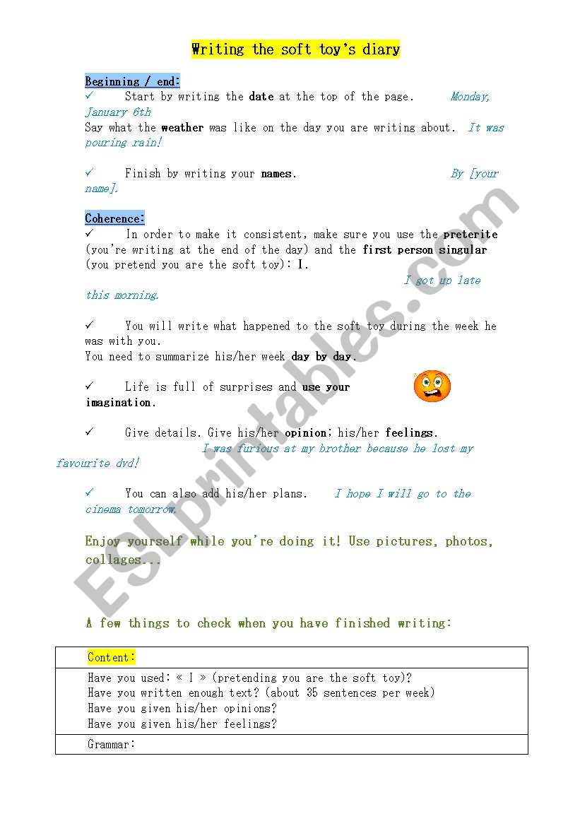 Soft toys diary worksheet