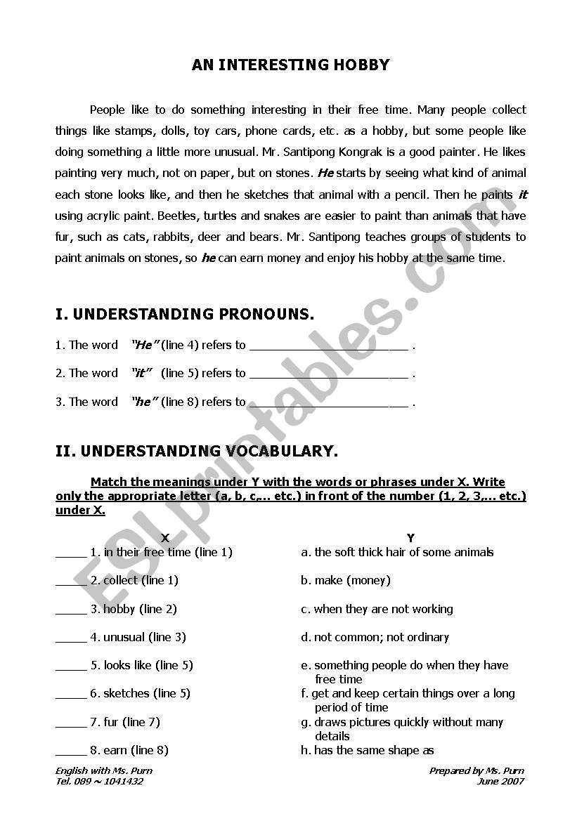 An Interesting Hobby worksheet