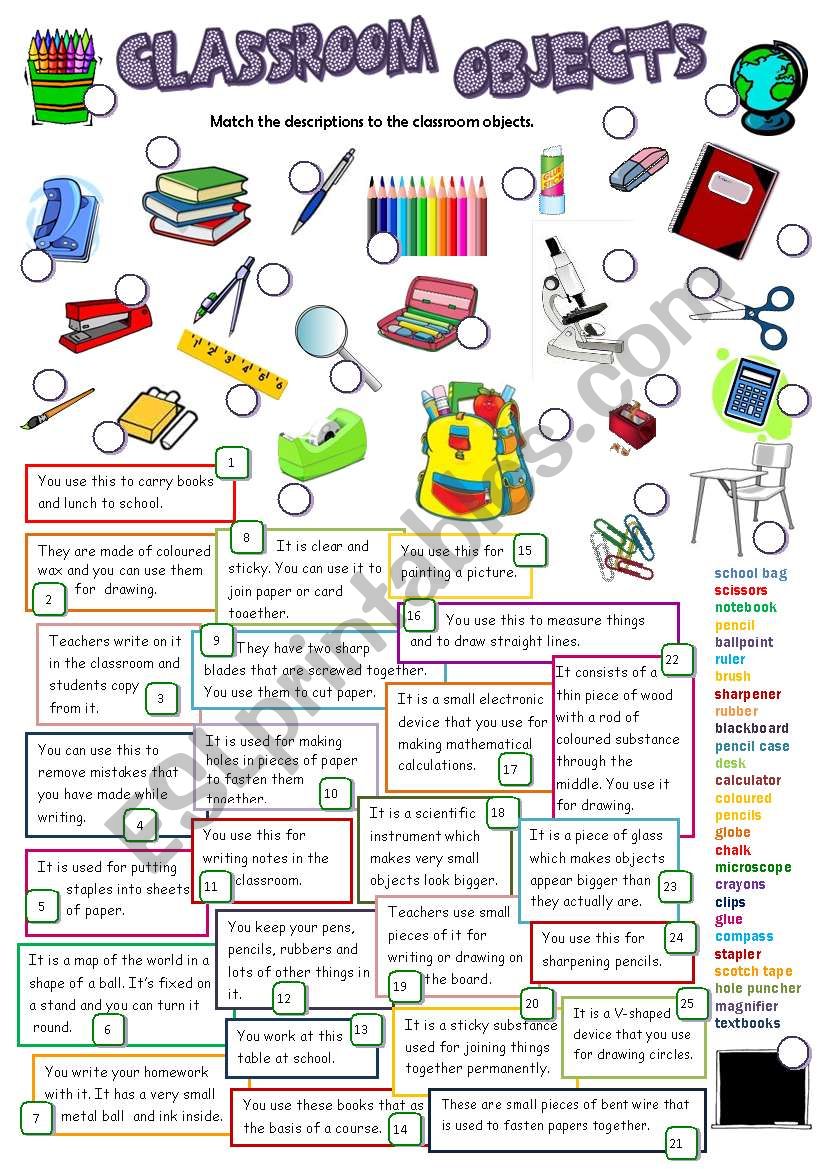 CLASSROOM OBJECTS (B&W +KEY) worksheet