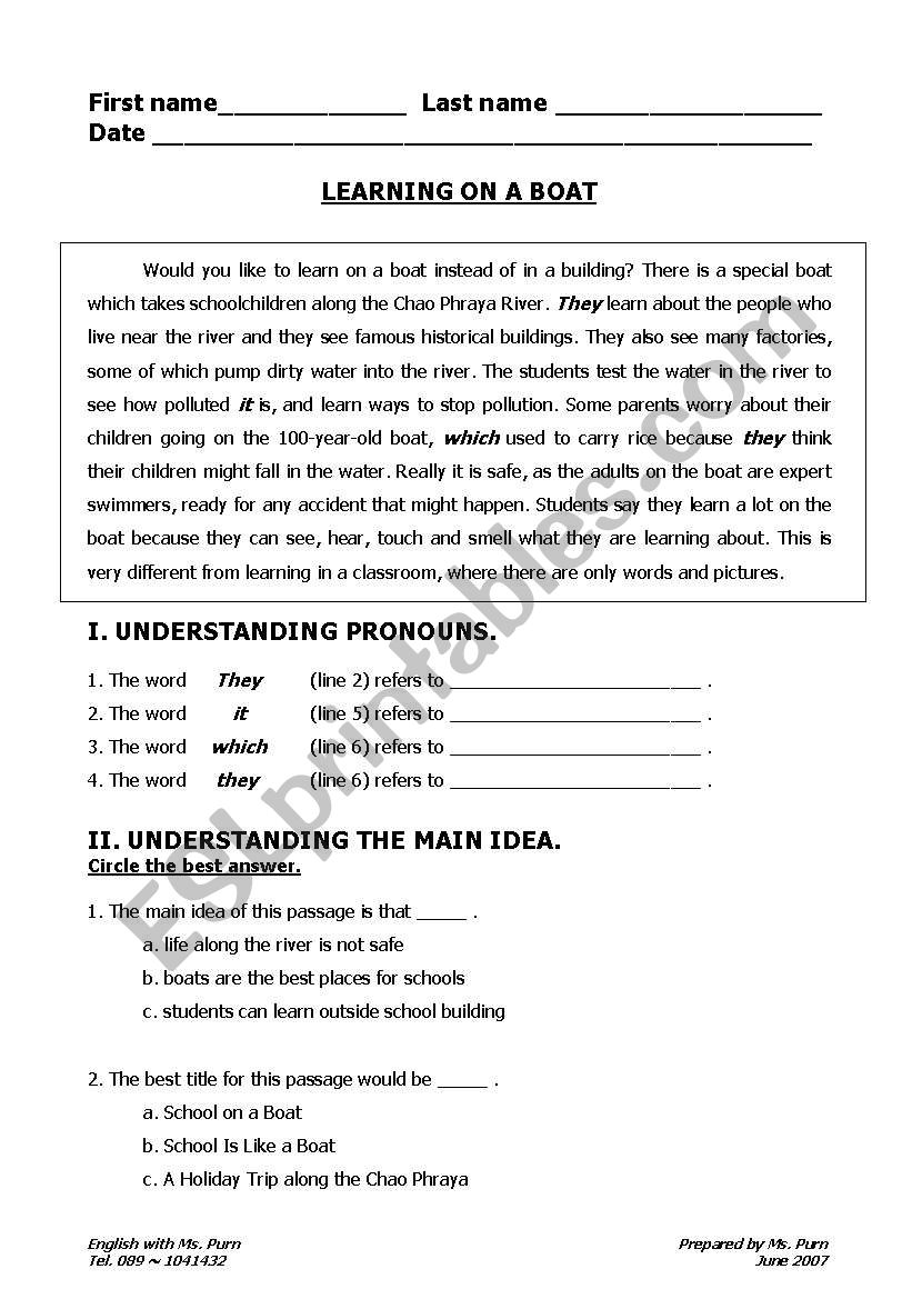Learning on the Boat worksheet