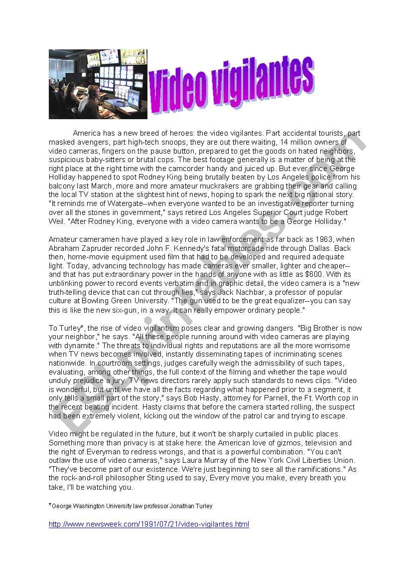 Video vigilantes.  worksheet