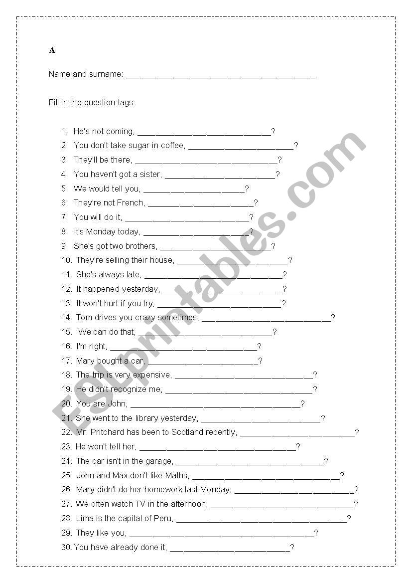 question tags worksheet