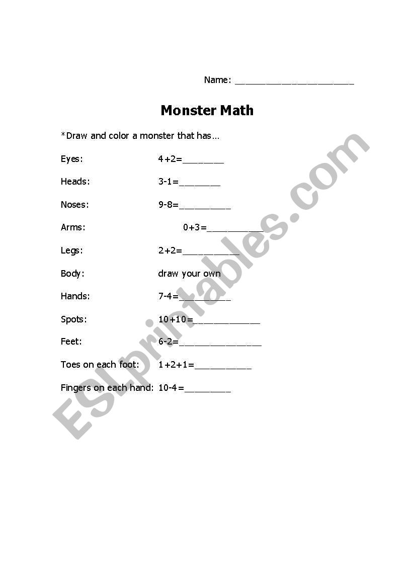 Monster Math worksheet