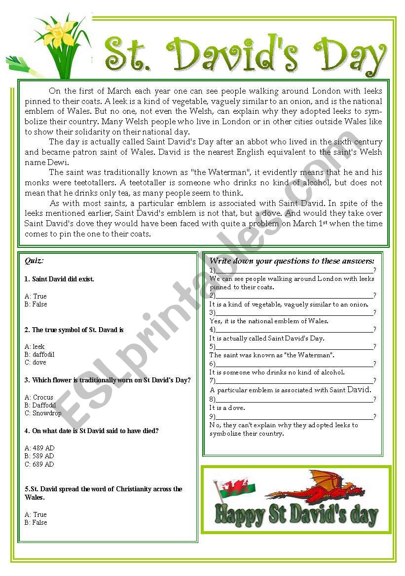 St. DavidÂ´s Day worksheet