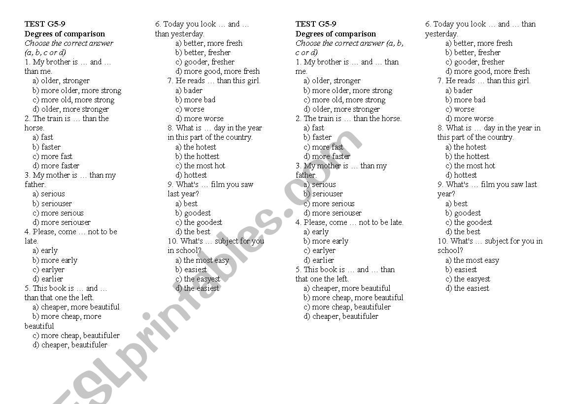 Test Degrees of comparisons worksheet