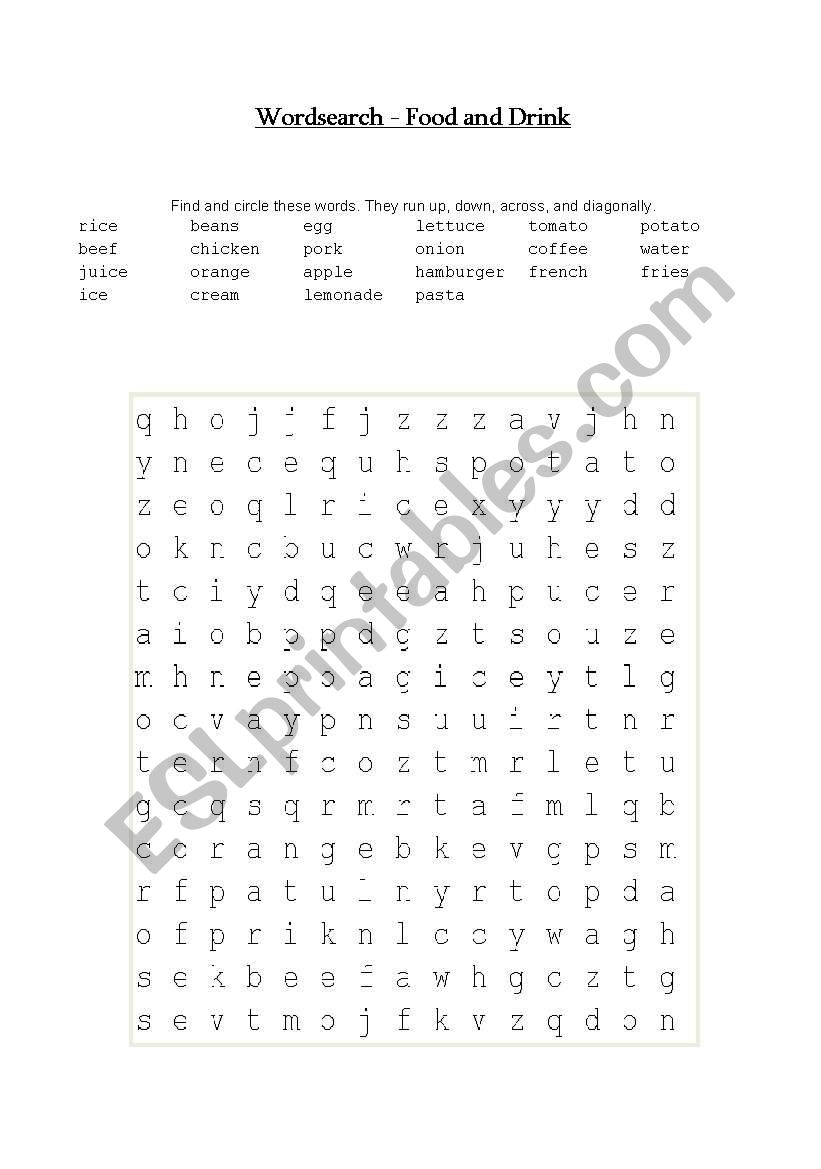 Wordsearch - Food and Drink worksheet