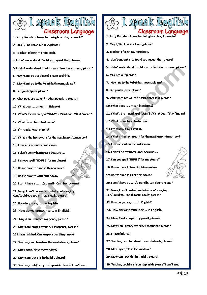 Classroom Language Bookmark worksheet