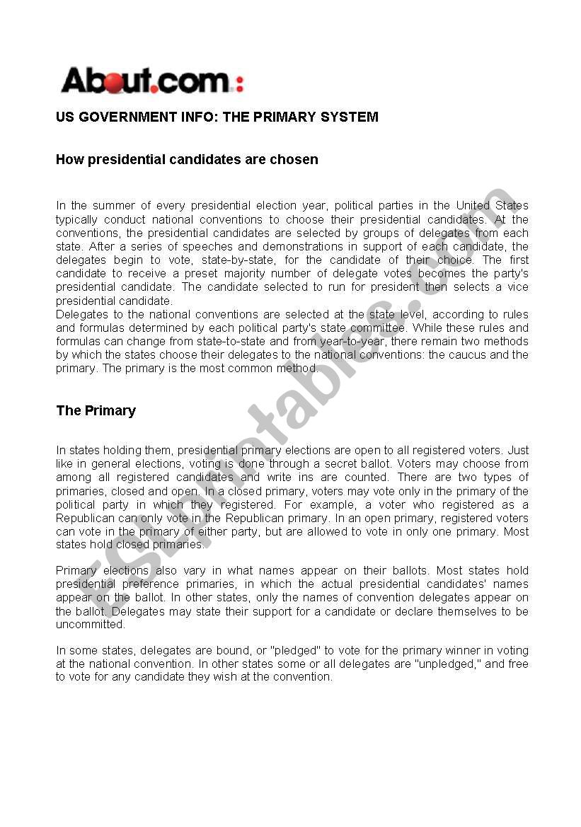 US Presidential Elections worksheet